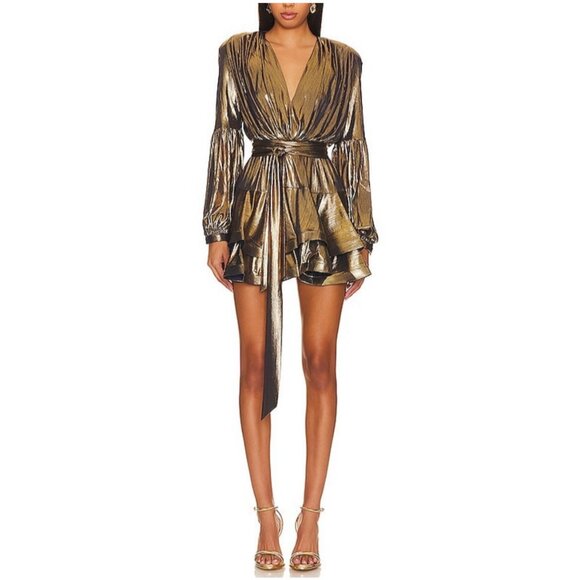 Bronx & Banco Bedouin Metallic Gold Tie Waist Mini Dress - Picture 1 of 9